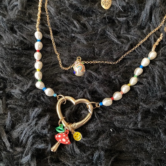 Betsey Johnson One Love Heart Charm Mushroom Smile Lips Necklace Rainbow - NWT - Picture 4 of 15